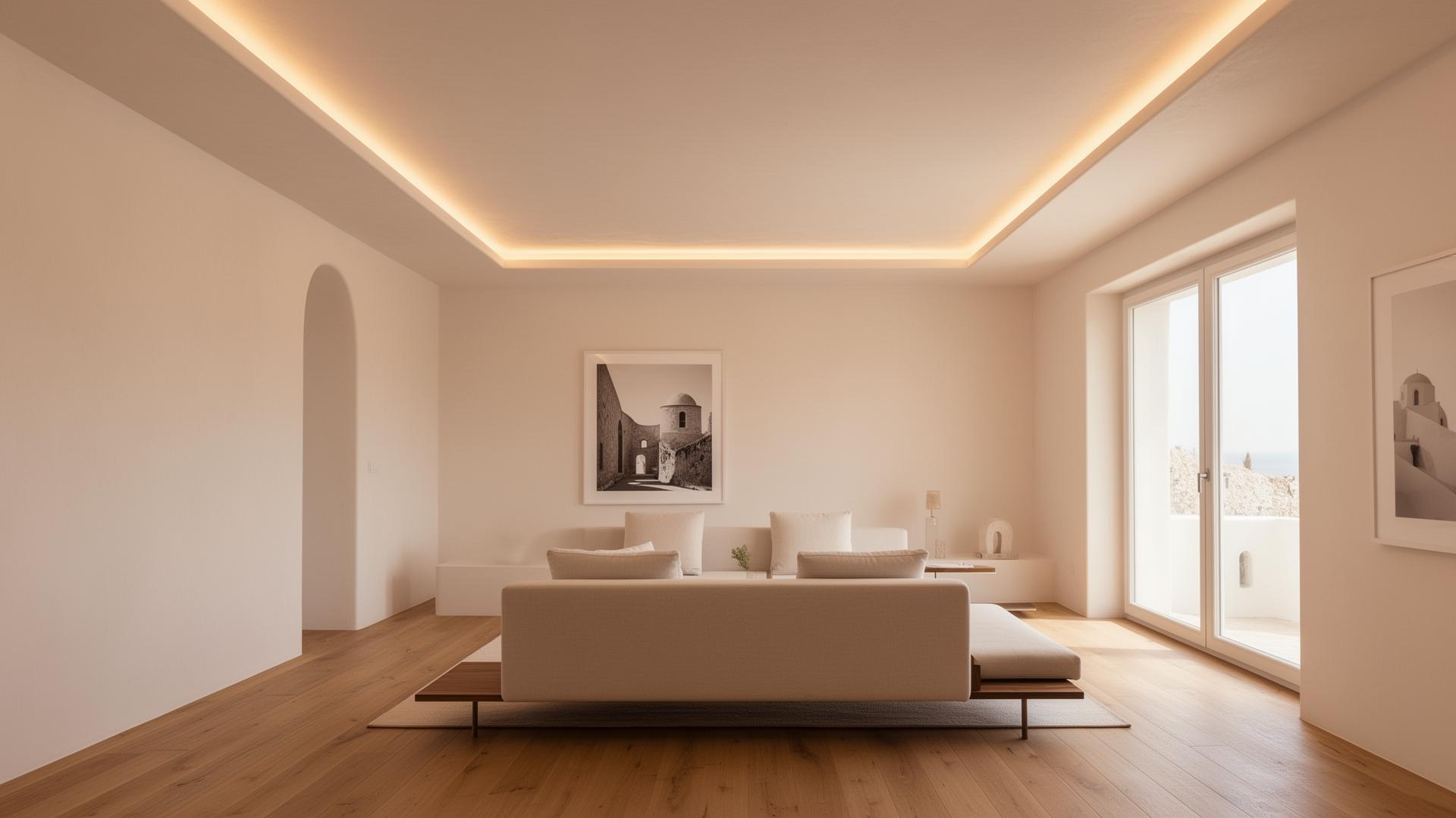 Interior moderno con techo de pladur, iluminación arquitectónica y chimenea a medida en Girona